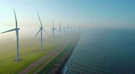 Aerial view of wind turbines along the Dutch waterfront. The generator is filmed in the style of impressionist painters, with green grass and a blue sky