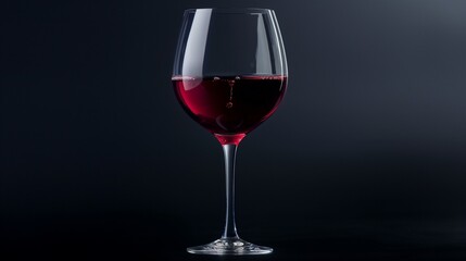 A pristine, crystal wine glass filled with a deep ruby red wine, the glass and its contents sharply contrasted against a solid dark background.