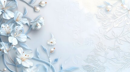 Blue Flowers and Pearls Scattered on light blue Background