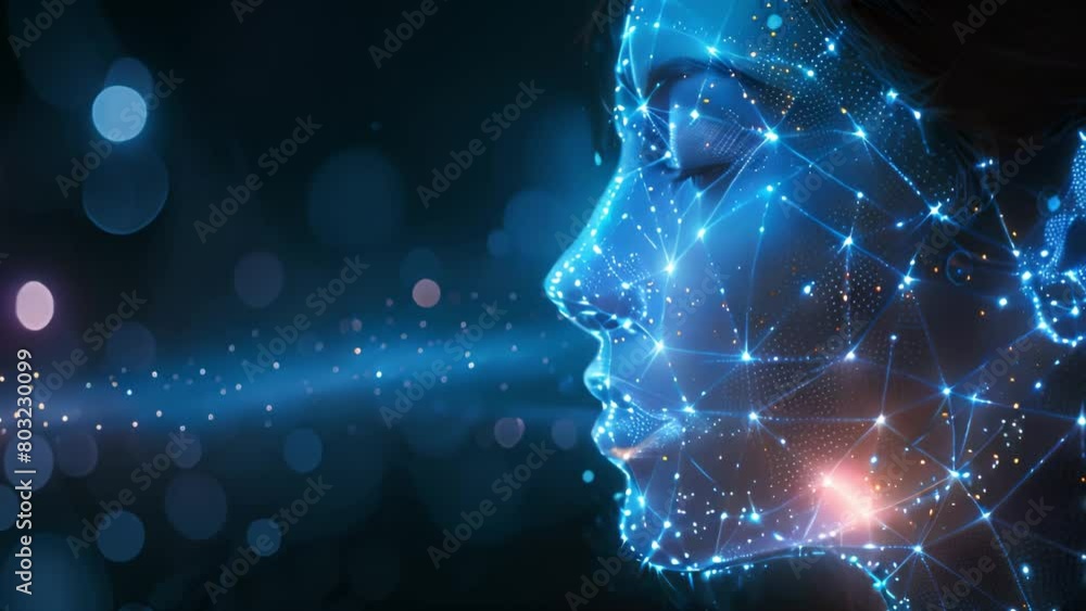Poster a digital face model with glowing blue nodes and connections.