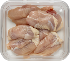 Raw chicken breast fillets in plastic packaging cut out on transparent background