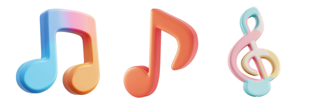 PNG musical note 3d icons and objects collection, in cartoon style minimal on transparent, white background, isolate