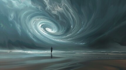 Surreal digital painting of a figure facing a stormy cosmic swirl on a beach