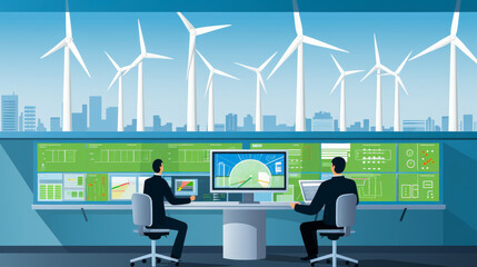 Control room with engineers and renewable energy symbols.