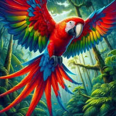 Gordijnen Scarlet Macaw With its stunning red plumage contrasting with bright blues, yellows and greens, this iconic parrot species captures the imagination with its colorful brilliance. © Tuyul.Racing’s 