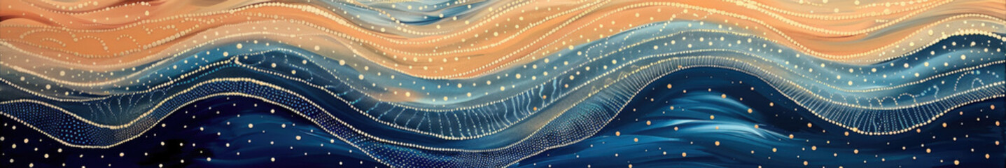 Abstract dot painting background of ocean waves. Long banner blue and peach colors. Copy space. 