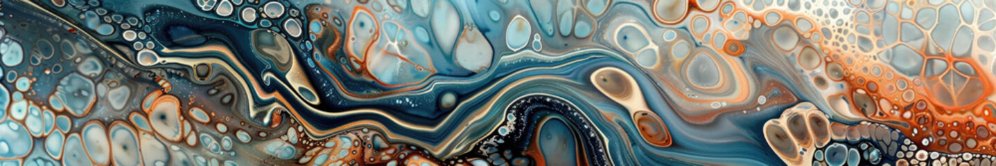 Abstract background with swirling shapes and bubbles. Flowing marble pattern in blue and brown colors. Long banner. Organic textures.