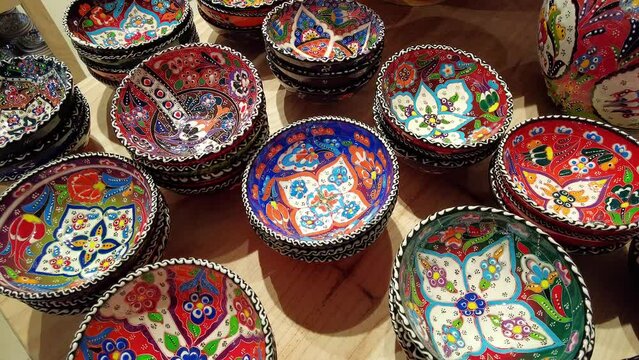 Colorful spanish pottery bowls closeup