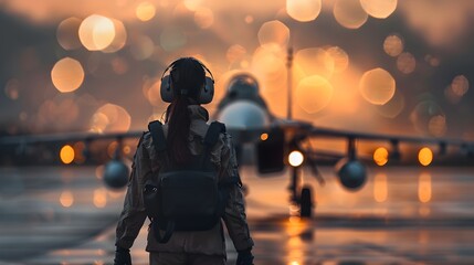 back view of a pilot woman standing front of aircraft  with beautiful bokeh lights - Powered by Adobe