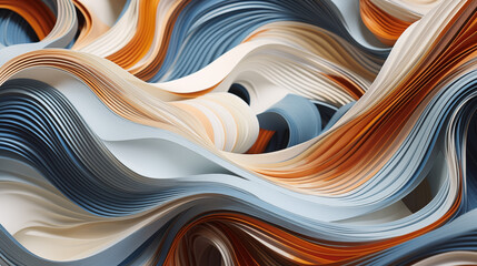 3D render of an abstract background with wavy lines in blue, beige and orange colors.