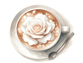 Watercolor painting of a white rose latte art coffee