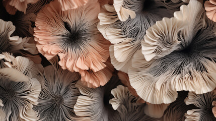 A close up of many pale orange and grey mushroom caps. Abstract background.