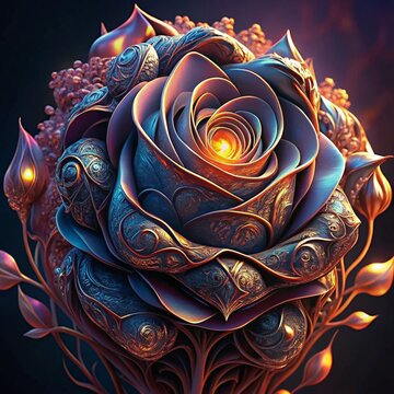 Flower rose, cinematic lighting, intricate filigree metal design, 4k, 8k, unreal engine, octane render