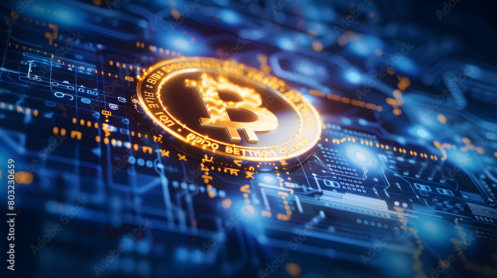 Aufkleber golden bitcoin symbol amidst flowing digital binary code: a representation of cryptocurrency in the 