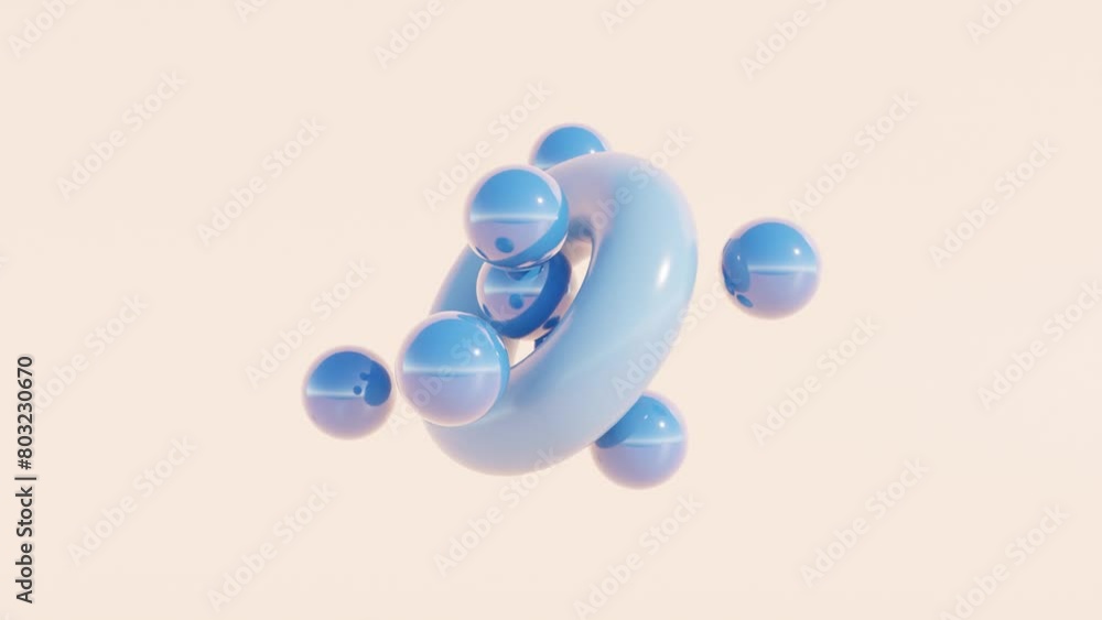 Poster abstract 3d animation: blue balls rotating around a cyan torus on a peach background