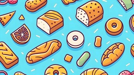 Retro Bread and Baked Goods Pattern in Vibrant Icon Style Digital