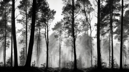 Trees with a forest with misty fog in the air black and white silhouette outline style landscape background
