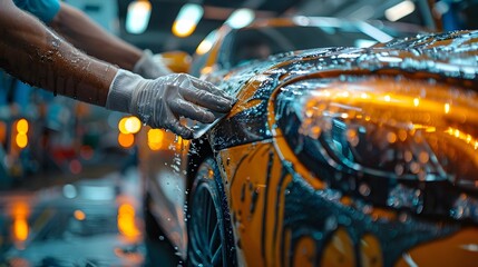 Car Wrap Installer Applying Protective Film to Vehicle's Surface