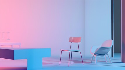 Minimalistic interior design with iconic furniture and pastel gradient background