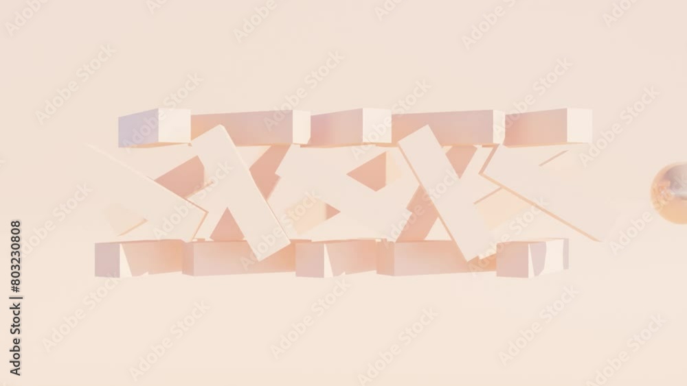 Poster modern 3d animation: abstract structure of rotating rectangles with a passing ball - all in peach