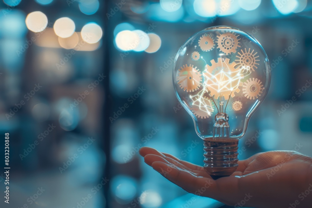 Poster hand holds a light bulb with gears inside representing creative thinking in the style of digital inn