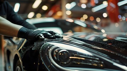 Fototapeta premium Meticulous Car Polishing in Vibrant Garage Workshop