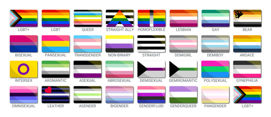 LGBT sexual identity pride flags gender collection. Flag of gay, lesbian, transgender, bisexual. Vector Illustration
