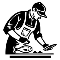 Chef Preparing Fish Monochrome Illustration