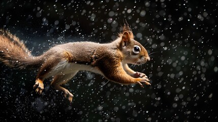 Squirrel Flying Through Raindrops on Dark Background