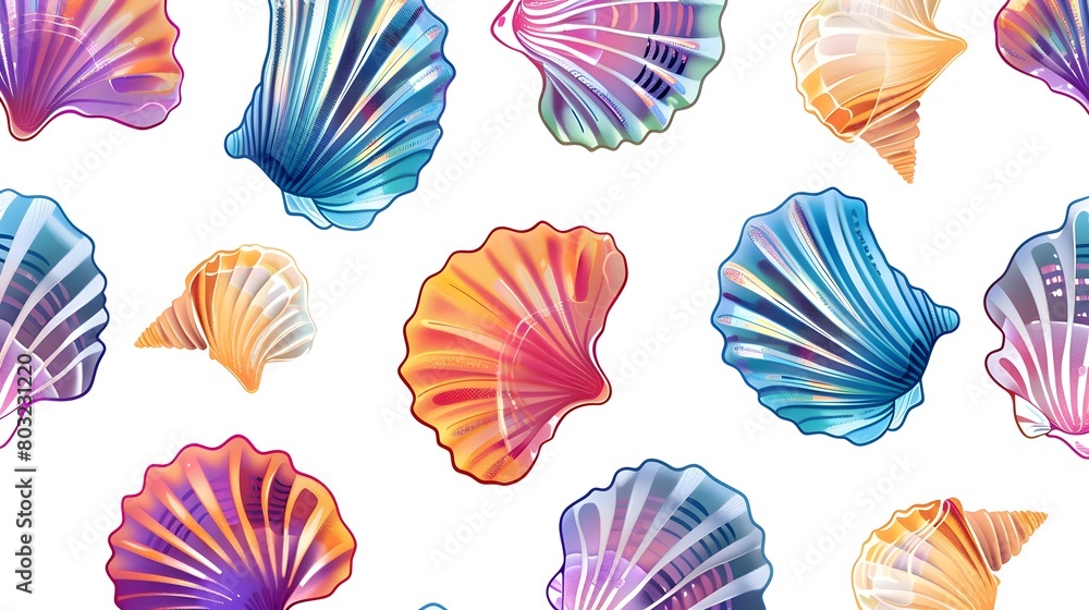 Poster vibrant seashell pattern in captivating natural hues seamlessly repeating on white background