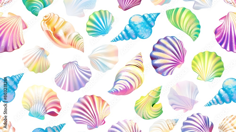 Poster vibrant seashell pattern with iridescent hues on white background