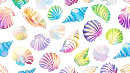 Vibrant Seashell Pattern with Iridescent Hues on White Background