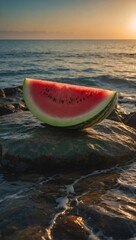 Sunset with a slice of watermelon placed on a rock at the water's edge