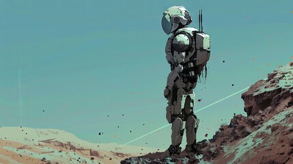 Futuristic robot explorer on a barren alien desert landscape