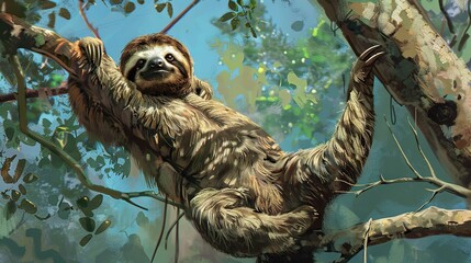 Fototapeta premium Relaxed sloth hanging from a tree branch in natural habitat
