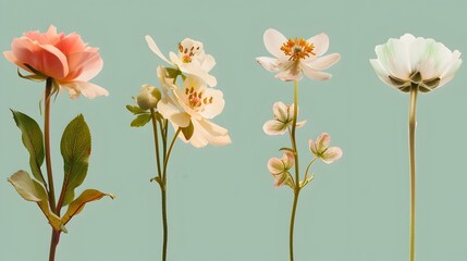 Obraz premium Charming Vintage Cottagecore Floral Arrangement Against a Light Teal Background