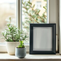 A wooden picture frame is placed next to a potted plant on a window sill