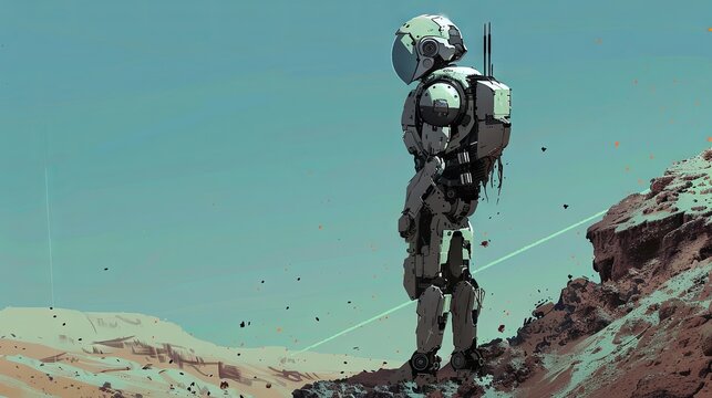 Futuristic robot explorer on a barren alien desert landscape