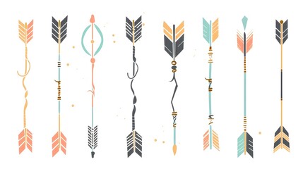 Vintage Tribal Arrows on White Background with Geometric Designs and Boho Patterns