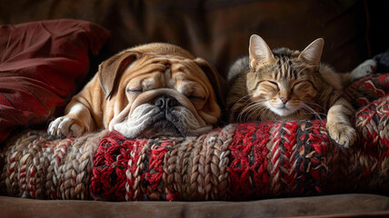 A sleepy bulldog nestled in a pile of cushions, while a mischievous tabby cat perches on the back of the sofa, plotting its next adventure.