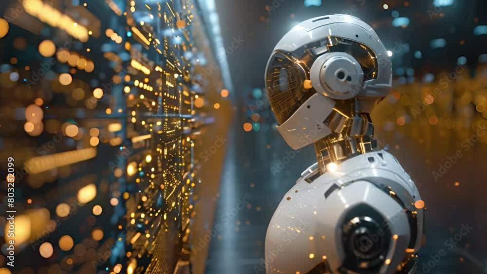 Fototapete A robot is examining a wall closely, possibly scanning for defects or anomalies with its advanced sensors and technology.