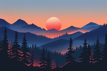 geometric illustration  trees and mountains, sun