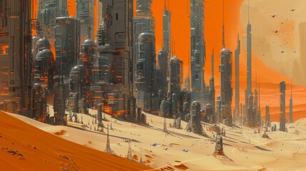 Futuristic cityscape in a surreal desert setting with flying vehicles and towering skyscrapers
