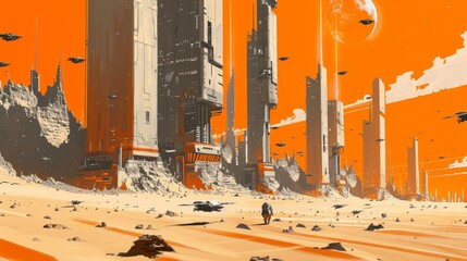 Futuristic cityscape in a surreal desert setting with flying vehicles and towering skyscrapers