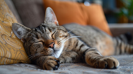 A sleepy tabby cat nestled in the corner of a plush sofa chair.