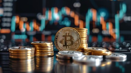 Close-up image of Bitcoin coins stacked with a digital financial chart background, illustrating cryptocurrency investment trends.