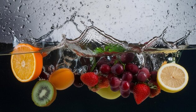 Splash of water on a medley of mixed fresh organic ripe fruits juicy, colorful, and ready to delight the senses.