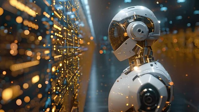 A robot is examining a wall closely, possibly scanning for defects or anomalies with its advanced sensors and technology.