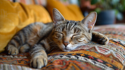 A sleepy tabby cat nestled in the corner of a plush sofa chair.