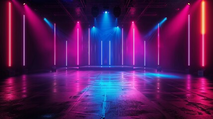 Vibrant nightclub dance floor with colorful lights and reflections
